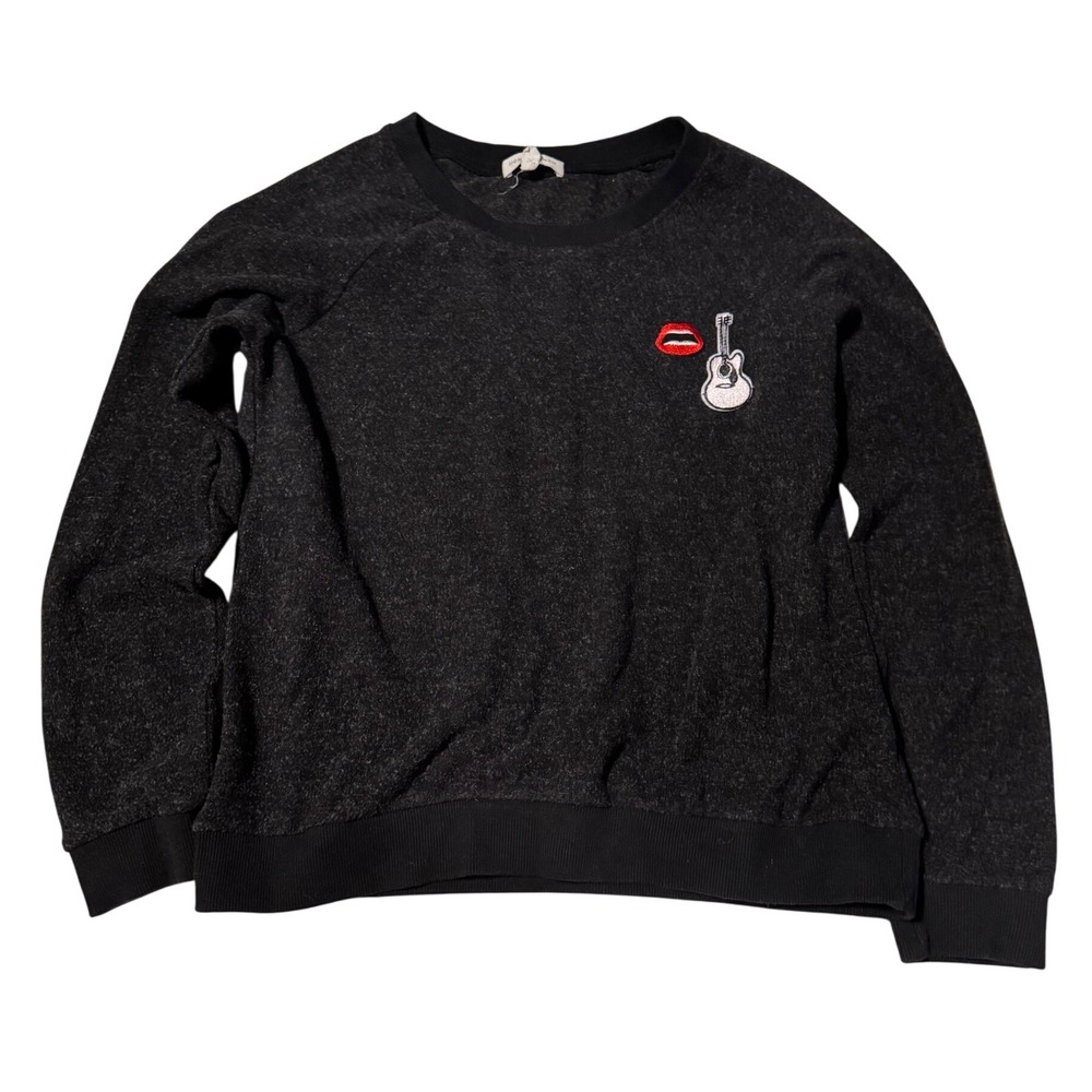 Honey‎ Punch Black Heathered Embellished Lips Guitar Graphic Sweatshirt Small